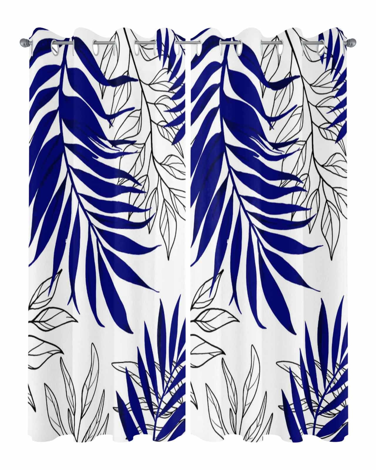 Blue Leaves Outdoor Curtains for Patio, Abstract Modern Geometric Lines Simple Art Privacy Drapes Grommet Waterproof Outside Curtains for Porch/Cabana/Balcony 54"x 84", 2 Panel