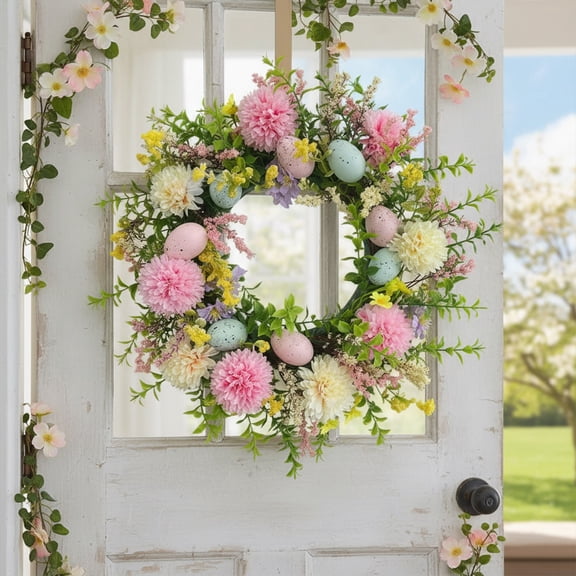 Homesteed Spring Wreaths for Front Door Easter Wreath Artificial Chrysanthemum Floral Wreath for Home Wall Porch Spring Decor