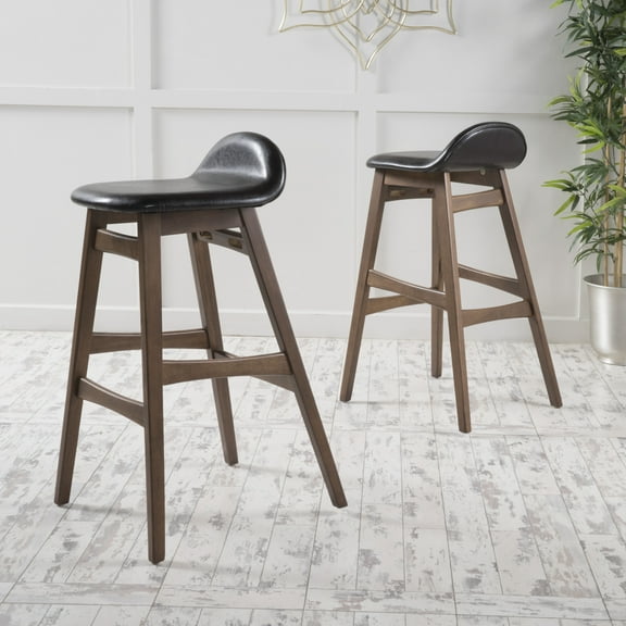 Noble House Morgan Mid-Century Modern Faux Leather Bar Stools, Set of 2, Walnut/Dark Brown