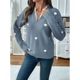 thumbnail image 2 of Cute Heart Print Sweater for Women V Neck Sweater Pullovers with Lace Trim Knit Jumper Blue S, 2 of 8