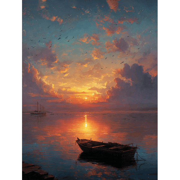 Seascape Boat Sunset Canvas Wall Art 15.75x11.81 Inches