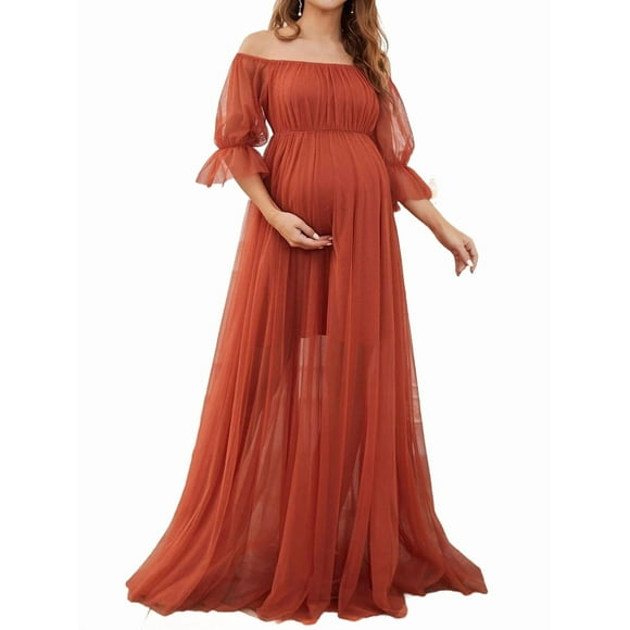 Maternity Photography Props Floral Lace Dress Exquisite Maternity Dress for Baby Shower Photos Orange & Red M