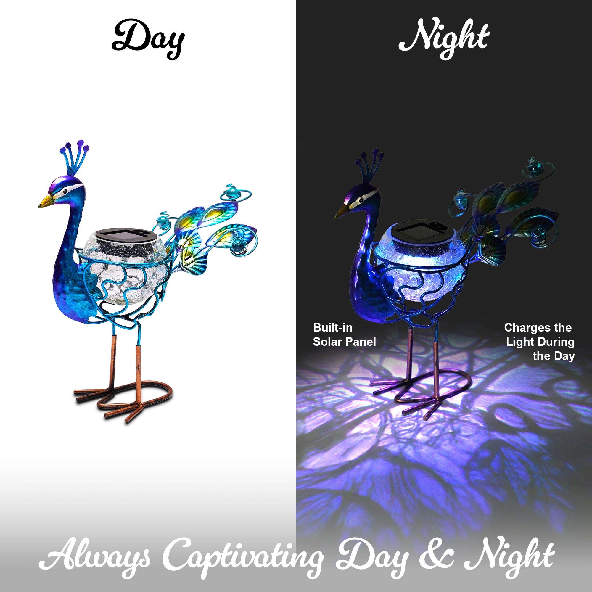 G128 Solar Metal Peacock Statue 12" Waterproof Yard Art with Solar Light for Lawn Patio