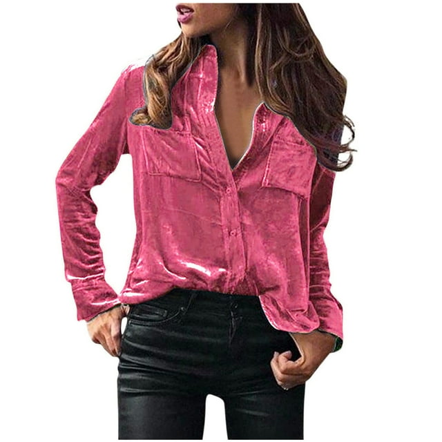 FAIWAD Womens Velvet Vintage Shirts Long Sleeve Button Down Blouses with Pockets Plus Size Velour Tops