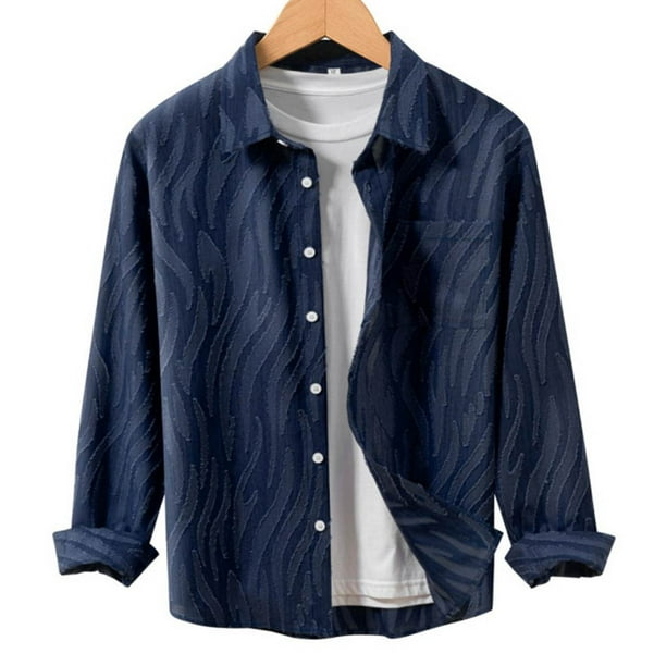 Blusa y camisa de manga larga con cuello vuelto para hombre, color liso, informal, a la moda, con bolsillos, solapa, manga larga, botones, cárdigan, abrigo, blusa de poliéster para hombre