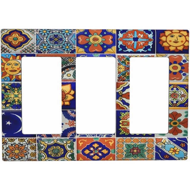 Light Switch Covers Mid Century Talavera Shaped Tiles 3 Gang Rocker Electrical GFCI Decorative Triple Outlet Wall Plate Cover Switchplate for Bedroom Bathroom Decor