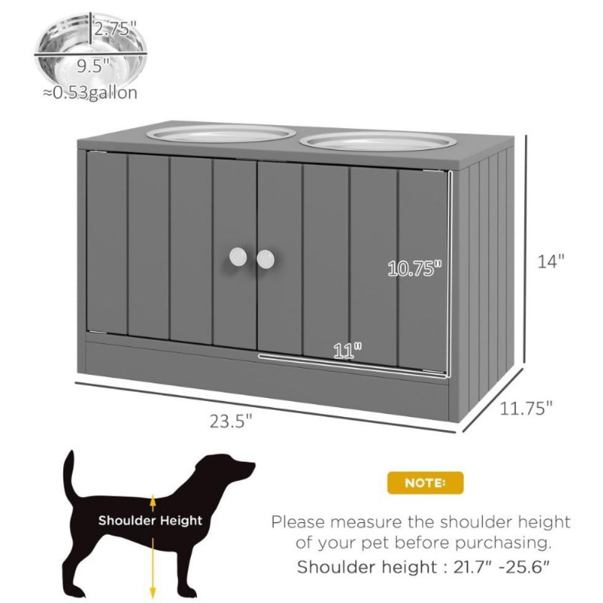 Elevated Dog Bowls with 44L Storage Cabinet Magnetic Closure & 67.6 oz Stainless Steel Bowls Raised Feeder for Large Dogs (21.75"-25.5" Shoulder Height) 23.5"L x 11.75"W x 14"H - Dishwasher Safe