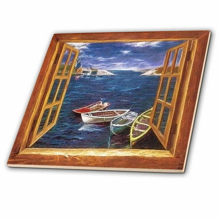 3dRose Boats through window sill frame with houses - Ceramic Tile,