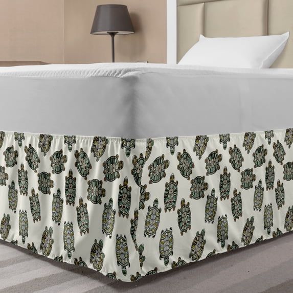 Turtle Bed Skirt, Tortoise Pattern with Ornate Geometric Desgins Cartoon Ocean Wildlife Composition, Elastic Bedskirt Dust Ruffle Wrap Around for Bedding Decor, 4 Sizes, Multicolor, by Ambesonne