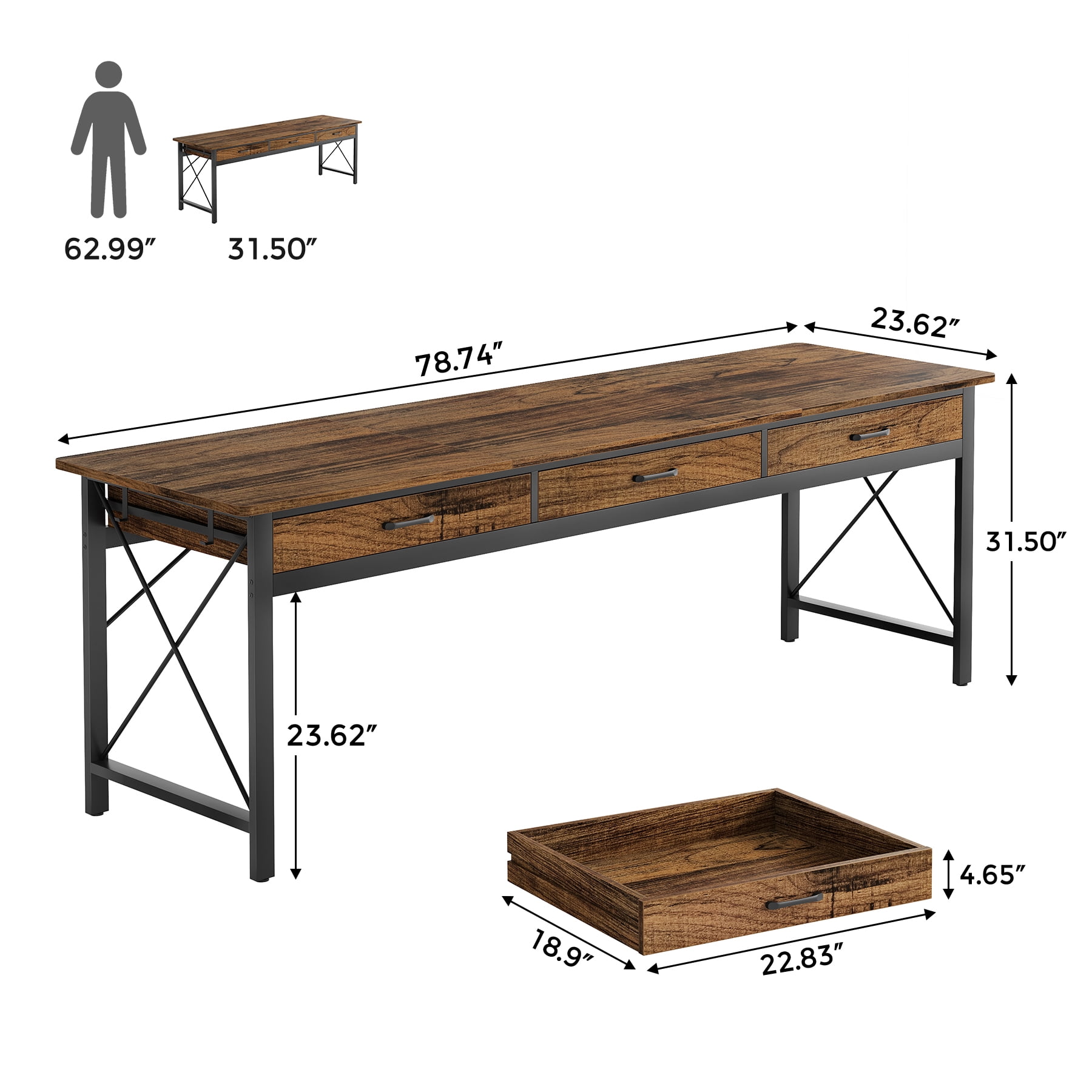 Condemo 78.7 inch Extra Long Computer Desk, Double Desk with 3 Drawers, Two Person Desk with Hooks, Industrial Writing Study Table Workstation for Home Office, Light Brown and Black