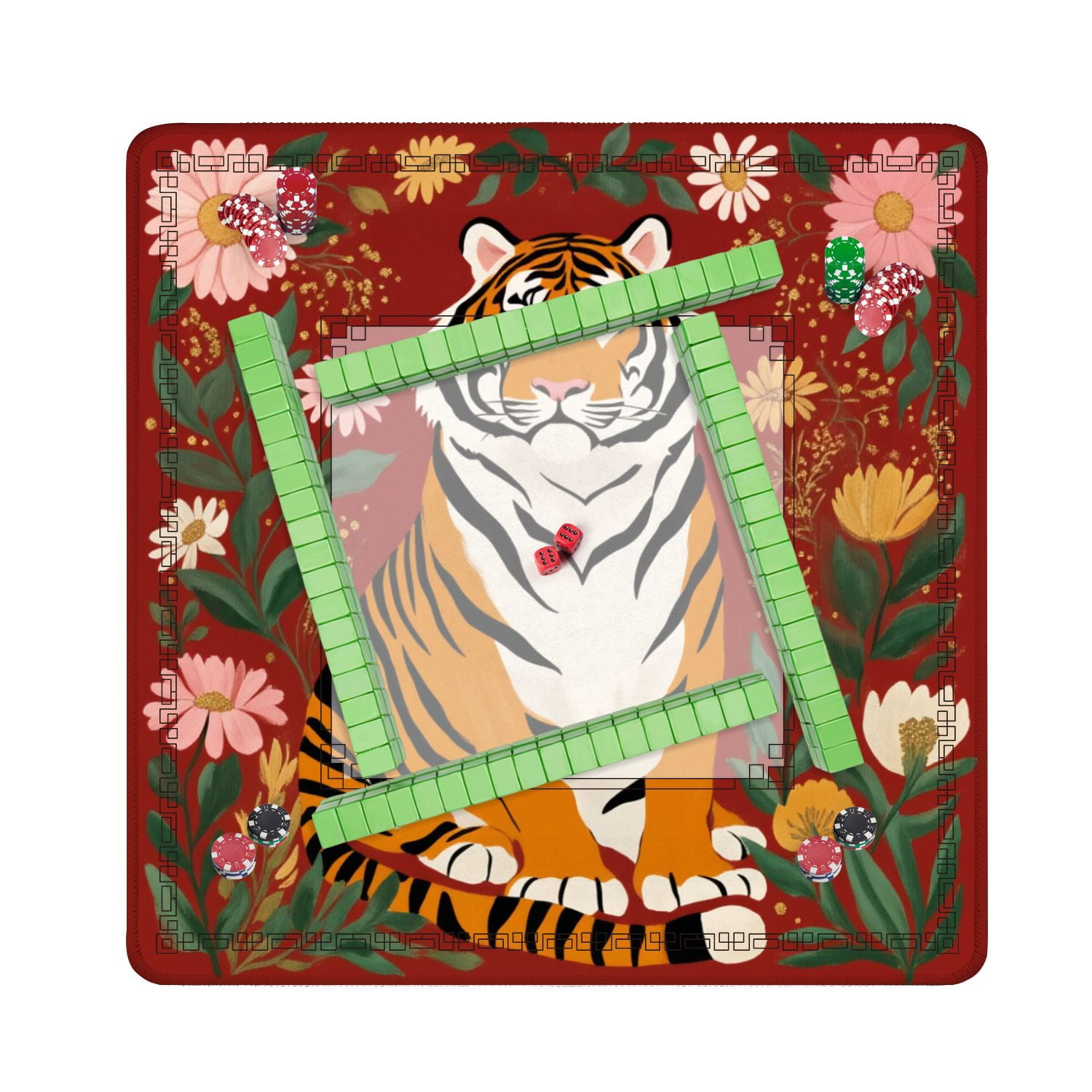 Mahjong Mat 31.5" x 31.5" Majestic Tiger Sitting Among Colorful Flowers Red Illustrated Nature Non-Slip Noise Reduction American Mahjong Tiles Table Cover for Dominoes Poker Card Board Games Gift