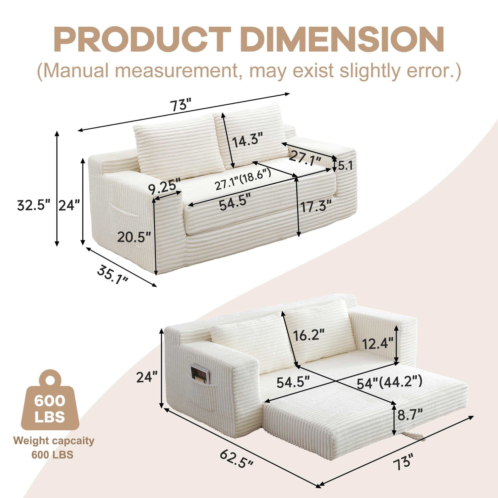 Aukfa 73" Chaise Futon Convertible Sofa Bed Boneless Couch, 2 Pillows&Side Pockets, Queen Size, Corduroy, White