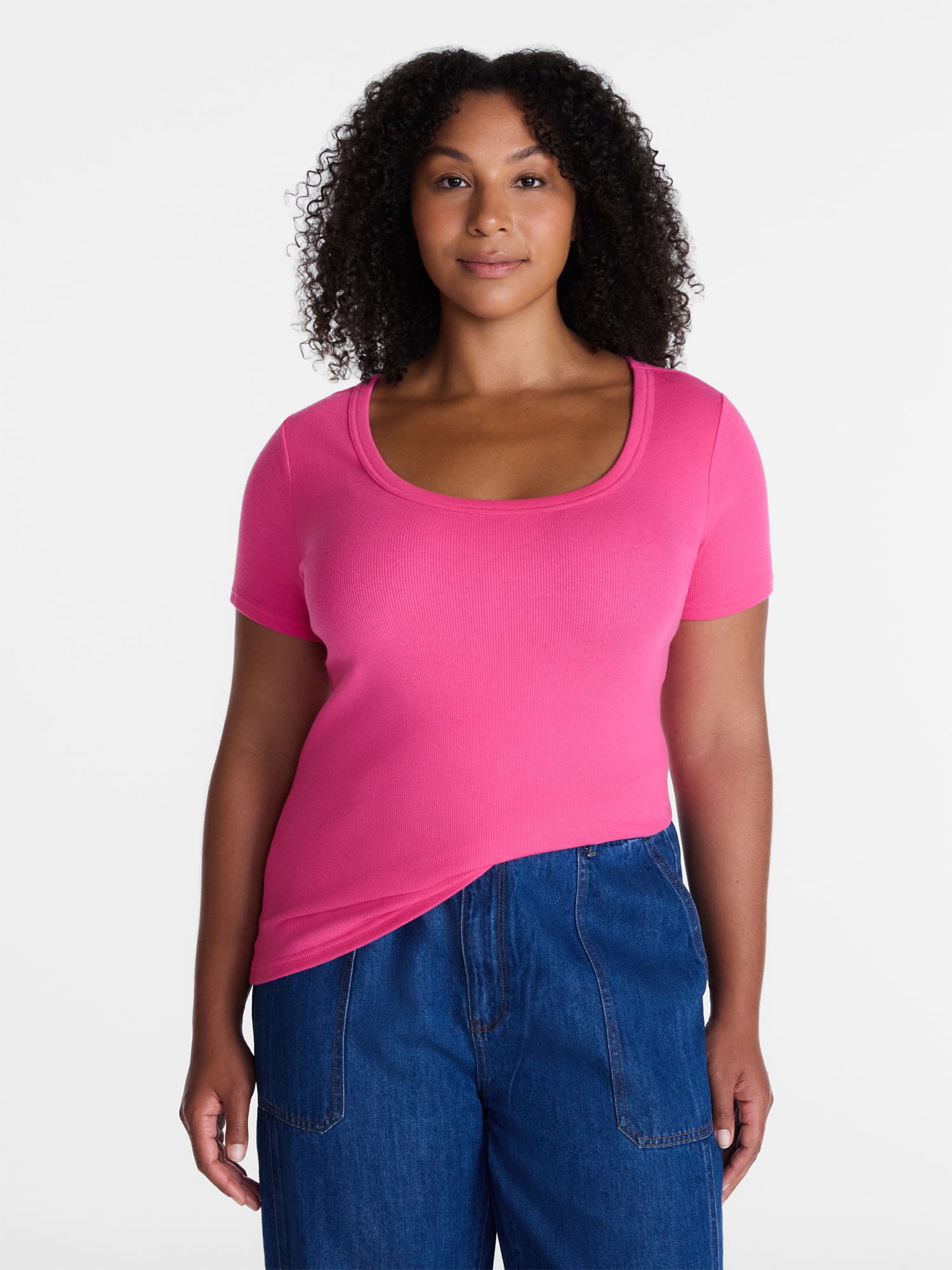 Time and Tru Women's Ribbed Scoop Neck Tee with Short Sleeves, Sizes XS-XXXL
