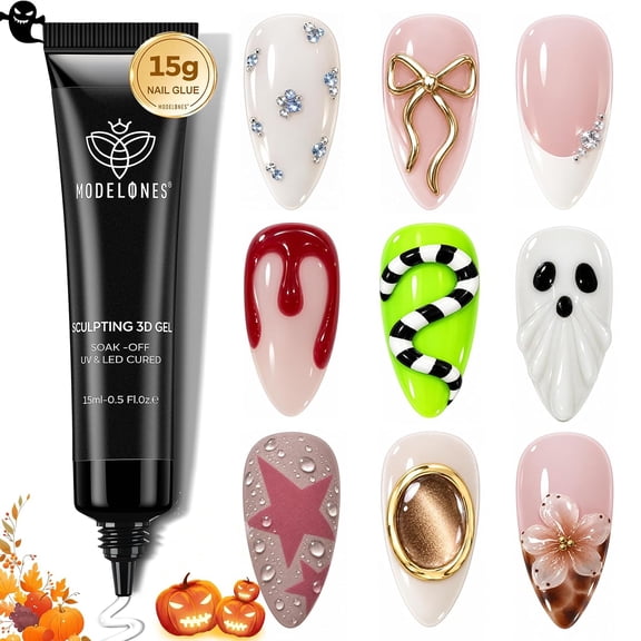 Modelones 3D Nail Gel Art, Sculpting Gel Glue for Molding, Drawing, Nail Charms & Gems, Chrome Powder and Rhinestone Design No Wipe, U V Light Cured Salon & DIY Use