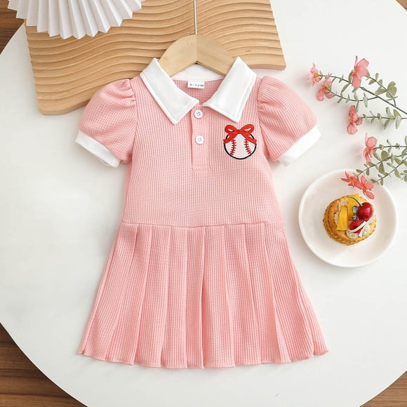 Girls Casual Tee Dress for Toddlers with Short Sleeves and Plisse A-Line Design Lightweight Summer Party Outfit for Everyday Cute Cartoon Print Dress