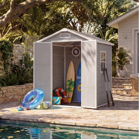 Heavy-Duty 6x4 FT Plastic Outdoor Storage Shed, Light Gray – Waterproof & Lockable with Sloped Roof, Window, and Floor Included – Ideal Garden Patio Storage for Lawn Mower, Bikes, and Tools