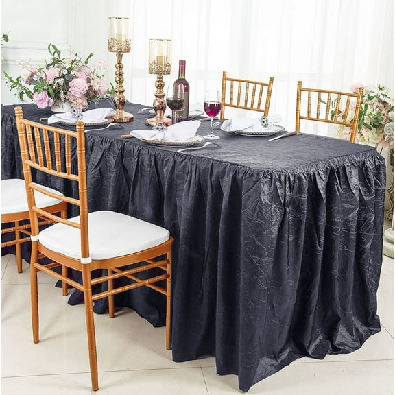 Wedding Linens Inc. 8' (96"x30") Rectangular Ruffled Fitted Crushed Crinkle Taffeta Tablecloth With Skirt - Pewter / Charcoal