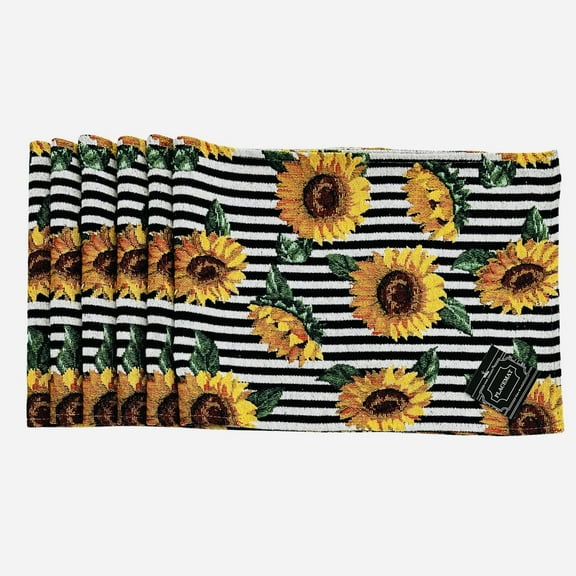 Serafina Home Decor Harvest Black White Sunflower Placemats, Colorful Tapestry Weave, Set of 6