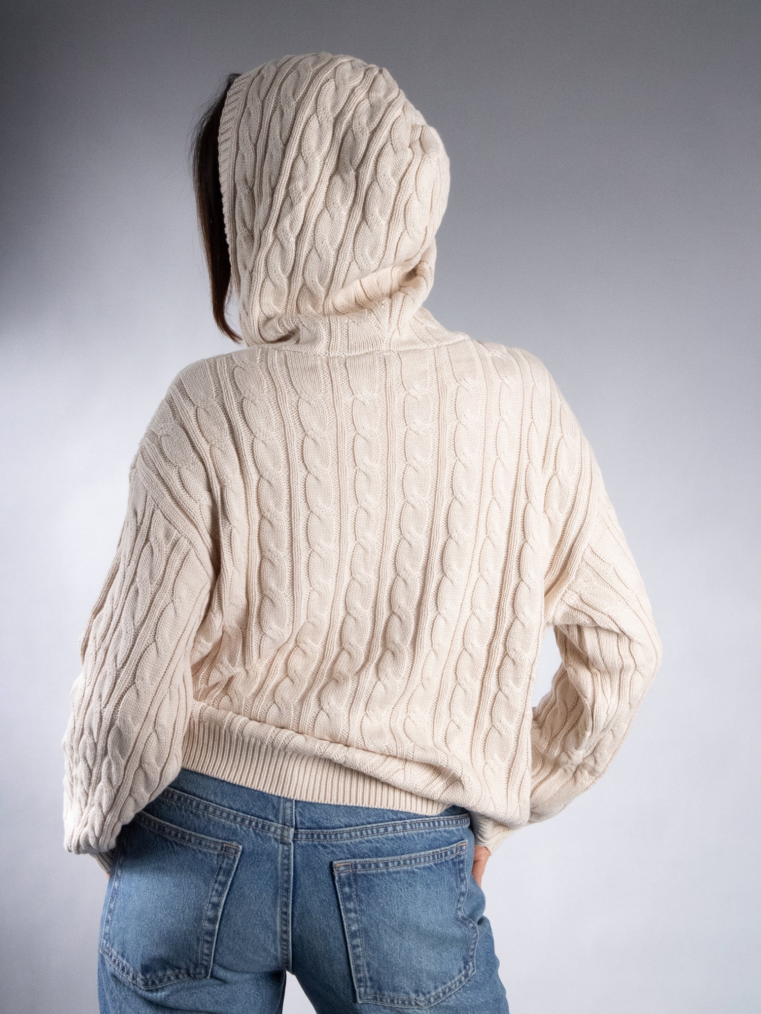 DARING DIVA Women's Stylish Oversized Cable Knit Hooded Sweater L Cream