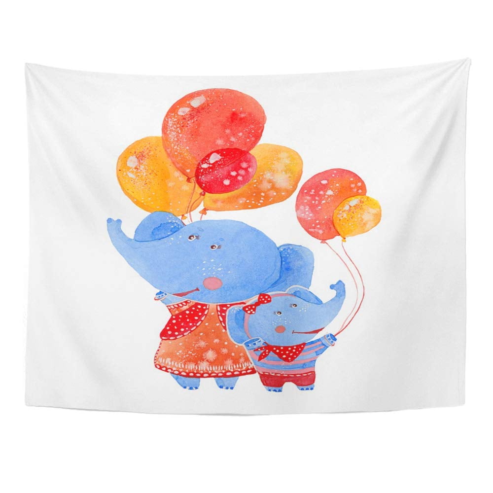 REFRED Blue Elephants with Balloons Watercolor On White Colorful