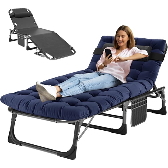 5-Position Adjustable Outdoor Folding Recliner – Portable Heavy-Duty Camping Cot with Thick Padding – Patio & Beach Lounge Chair (Blue)