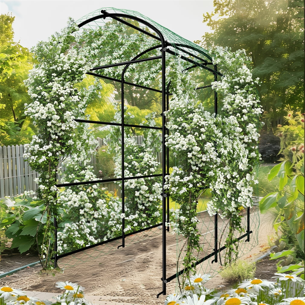41x63x63" Black Iron  Garden Trellis Arch Support for Plants Vegetables Flowers, Nylon Mesh