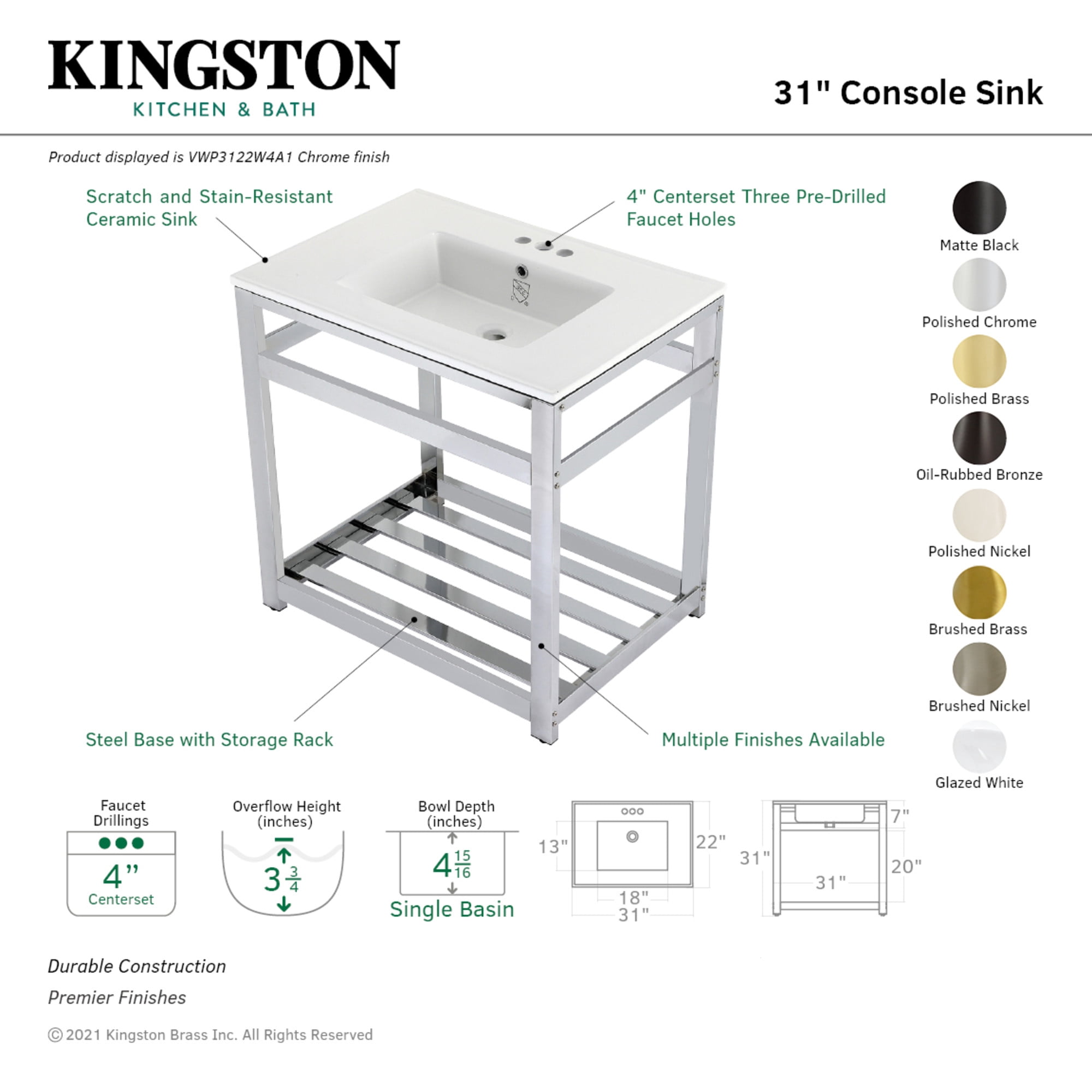Kingston Brass VWP3122W4A6 Quadras 31" Ceramic Console Sink with Steel Base and Shelf (4-Inch, 3-Hole), White/Polished Nickel