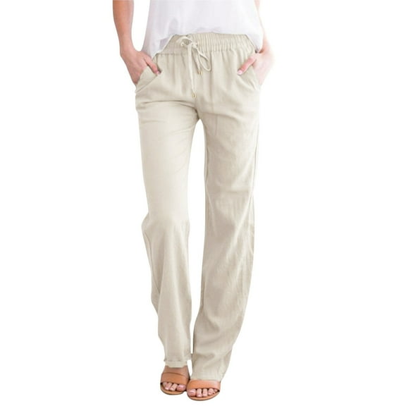 Bibifish Womens Jeans Solid Color Casual Pants Loose Fit Breathable Tie Waist Design Comfortable Daily Wear Long Trousers