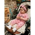 thumbnail image 6 of BemeyourBBs Newborn Baby Girl My First Fathers Day Outfit Baby Girl Summer Clothes Ribbed Romper Letter Embroidery Rose Print Short Sleeve Jumpsuit and Bow Headband 2Pcs Set, 6 of 9