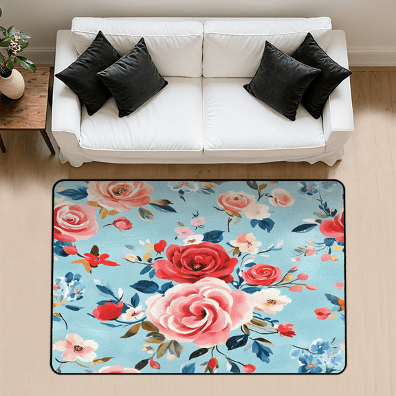 CURLYOOT Vintage Roses Area Rug 3x5 Ft Rugs for Entryway Entrance Kitchen, Washable Non Slip Blue Indoor Floor Carpet for Bedroom Living Room