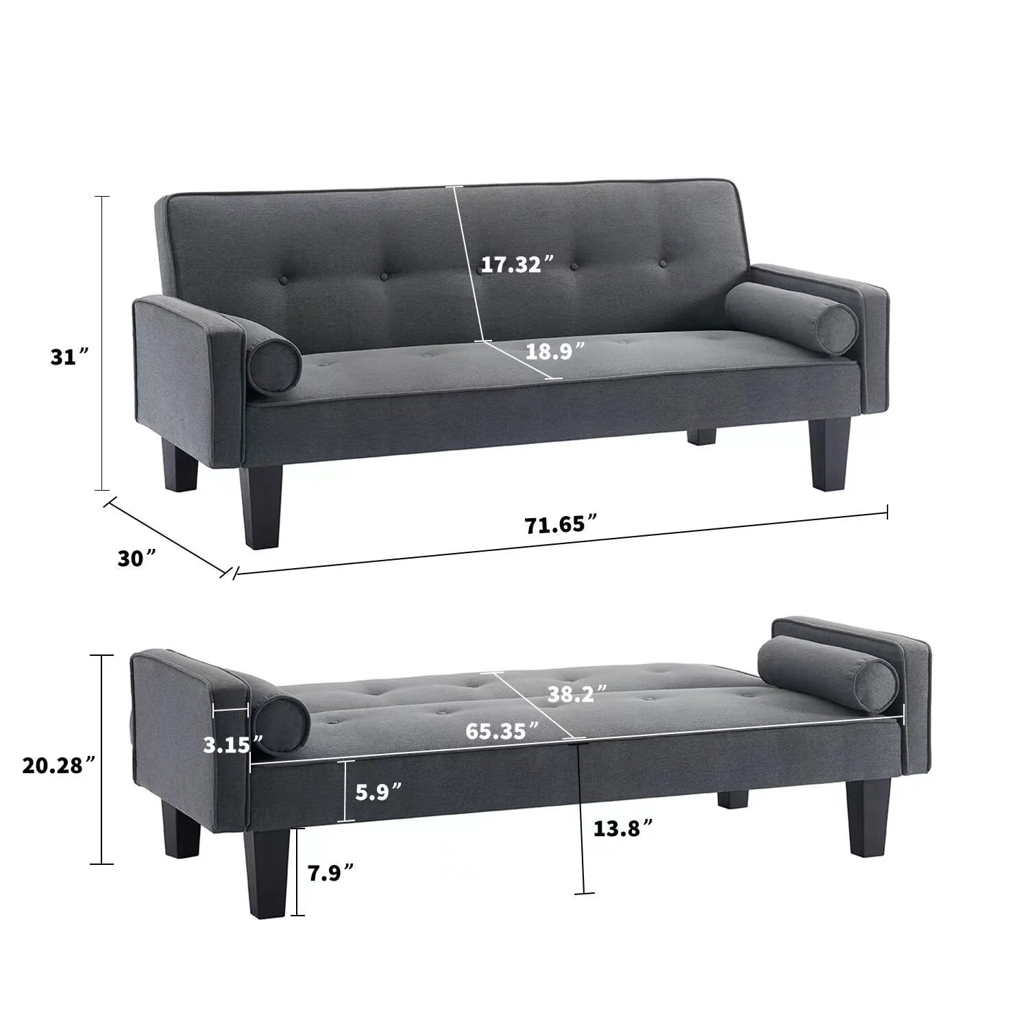 72" Convertible Loveseat Sofa Bed Sleeper Daybed,Modern Upholstered Folding Recliner,Small Futon Sofa for Living Room Apartment Office,Gray 02