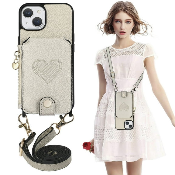 ELEHOLD Crossbody Wallet Case for iPhone 13 with Card Holder, Zipper Card Slot Shockproof Purse Cover with Removable Lanyard 6.1 Inch,Gray