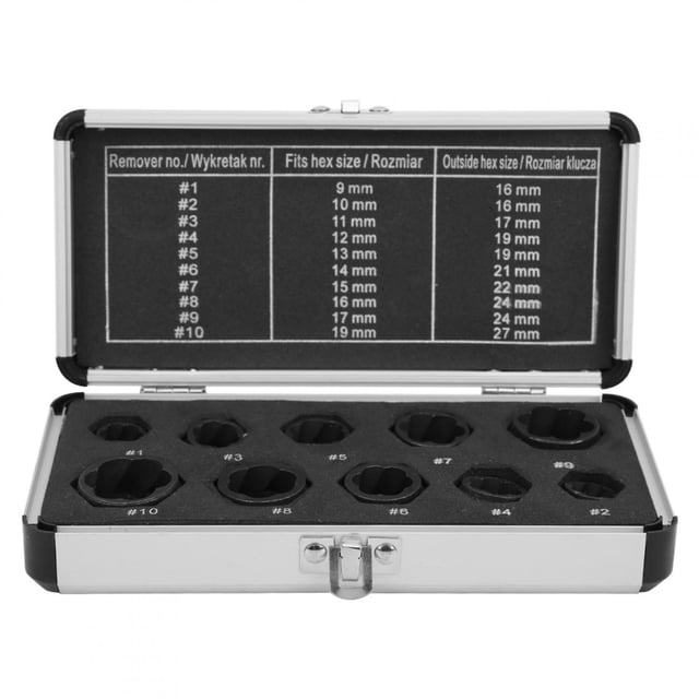 10Pcs Bolt Remover Hex Black Steel Damaged Nut Stud Extractor Removal Kit with Aluminium Box
