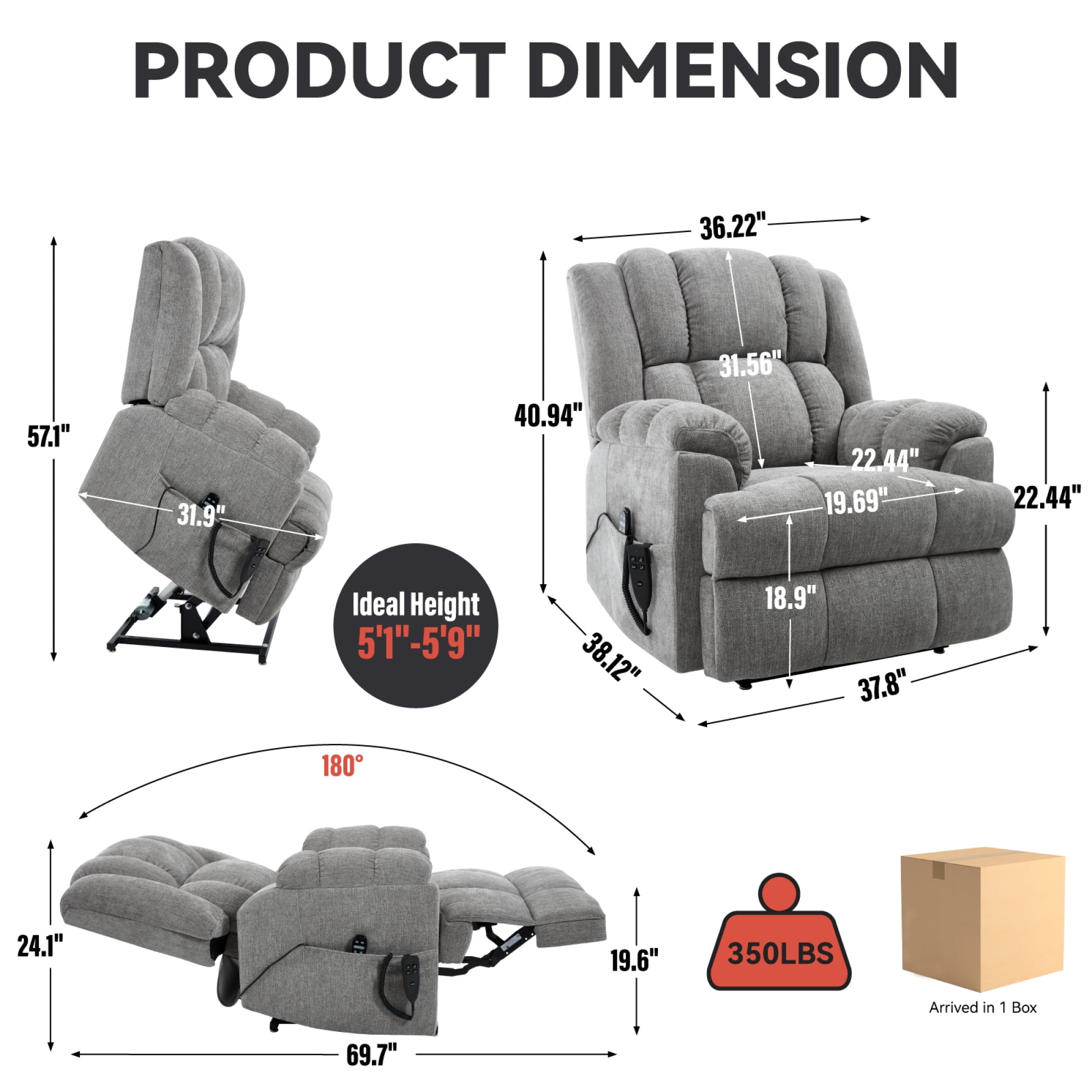 Leumius Large Power Lift Recliner Chair for Elderly,Heavy Duty Dual Motor Chenille Electric Recliners Chair with Massage and Heat for Living Room,Light Gray
