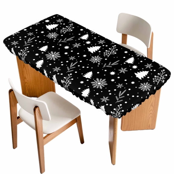 Christmas Black Table Cloths for 5 Foot Rectangle Tables, Xmas Tree Winter Snowflakes Plants Holiday Patio Waterproof Elastic Fitted Tablecloths, Washable Rectangular Table Cover for Camping