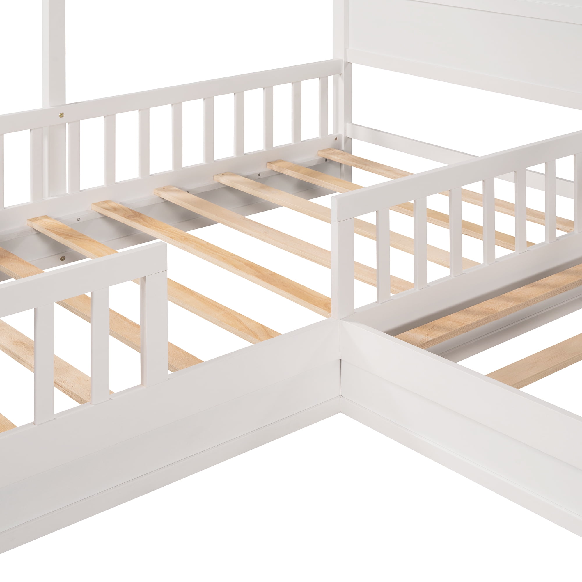 Bellemave House Beds for 2 , Wood L-Shape Twin Bed Frame with Roof and Fence Railings, Double Twin Size Montessori Bed Frame No Box Spring Needed (White)