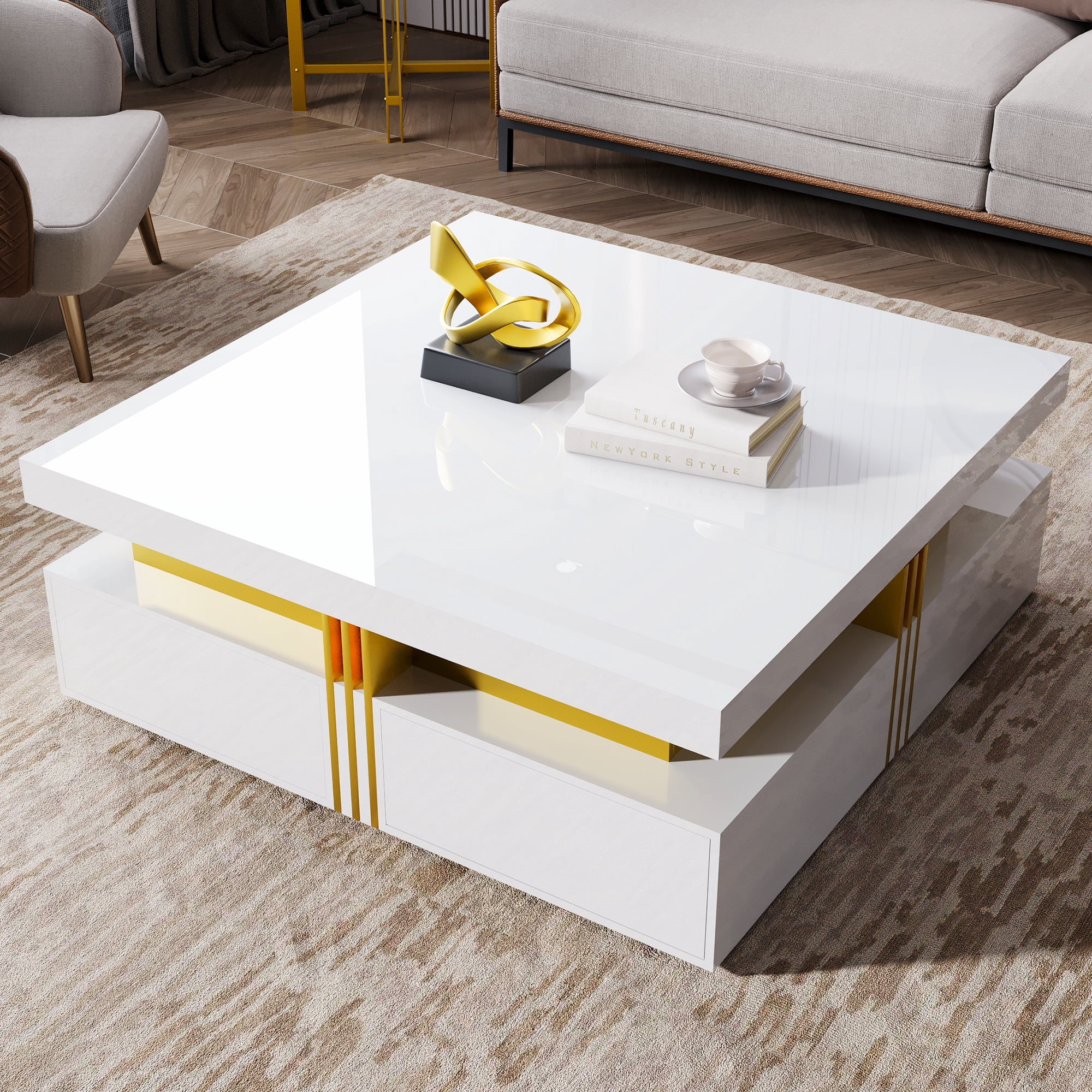 Euroco Modern Glossy Square Storage Coffee Table with 4 Drawers, 43.3", White
