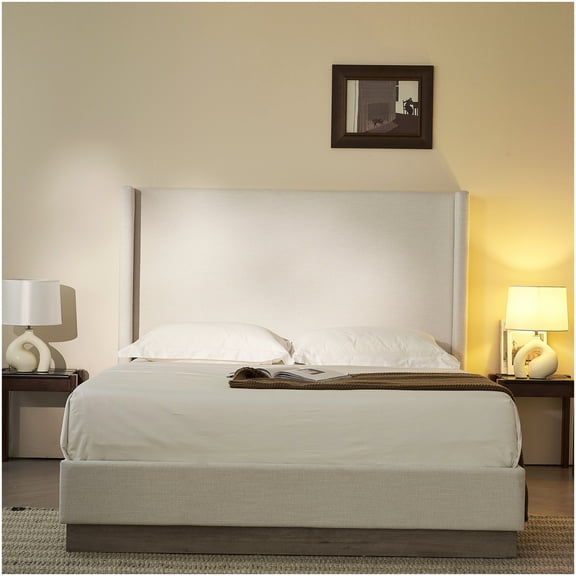 Upholstered King Size Bed Frame with Wingback Headboard for Modern Bedroom, No Box Spring Platform Bed in Textured Ivory Fabric