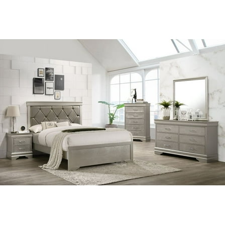 5 piece Amalia Queen Champagne Silver Upholstered Panel Bedroom Set