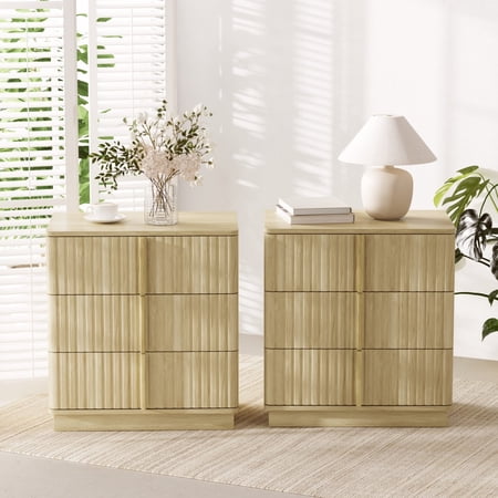 Set of 2 Vintage 3 Drawer Nightstands with Vertical Stripe Design Modern Bedside Tables Retro Storage Cabinets End Tables for Bedroom Living Room & Home Office Natural