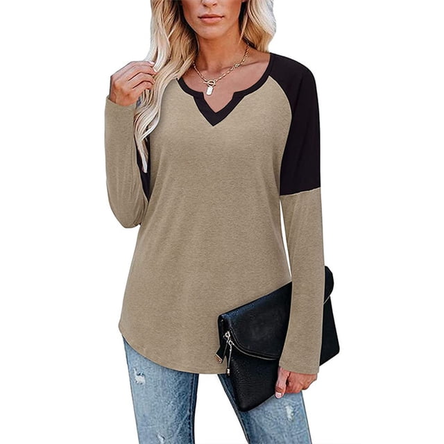 Camisa de mujer con cuello en V Color de contraste Camiseta interior de manga larga Poliéster para Otoño Invierno