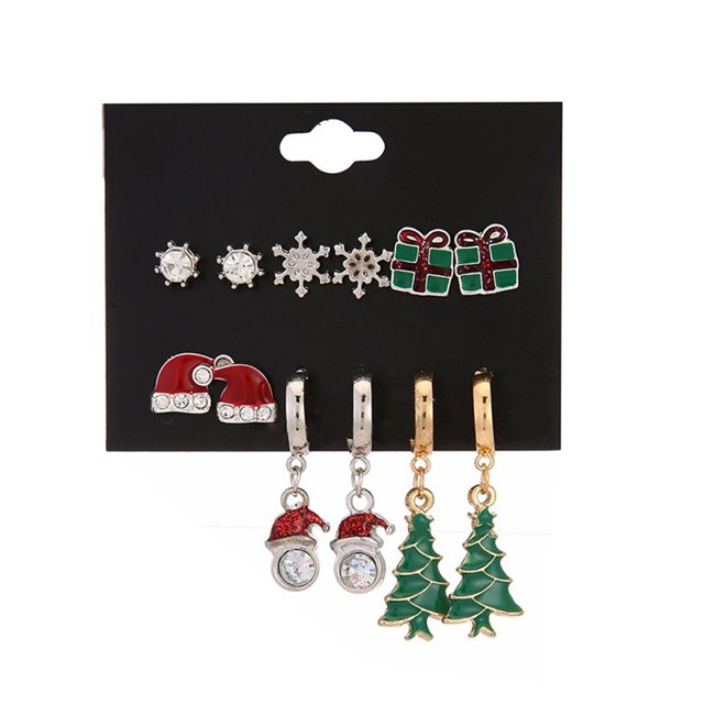 Christmas Stud Set 6pcs Snowflake Hat Tree Alloy Oil Dripping Silver Cute Stud SetThe Best Gift for A Loved One