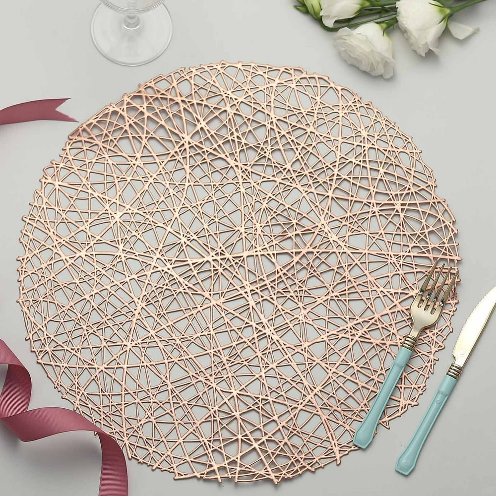 6 Pack | 15" Rose Gold Round Woven Vinyl Placemats | Non Slip Dining