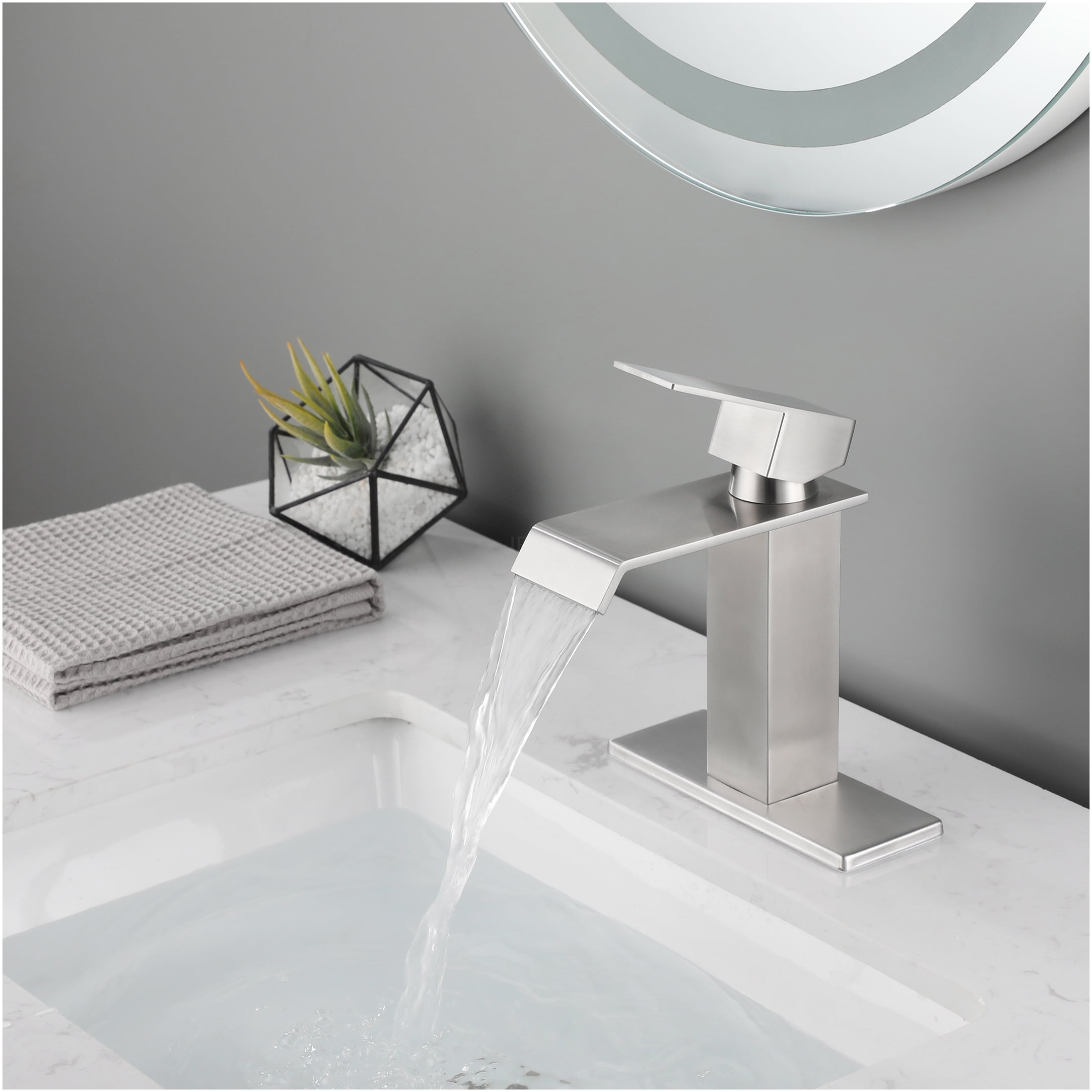 JERFIT Brushed Nickel Single Handle Bathroom Sink Faucet, Waterfall Spout Vanity Faucet with Pop-Up Drain, 1-Hole Mount, CUPC Certified