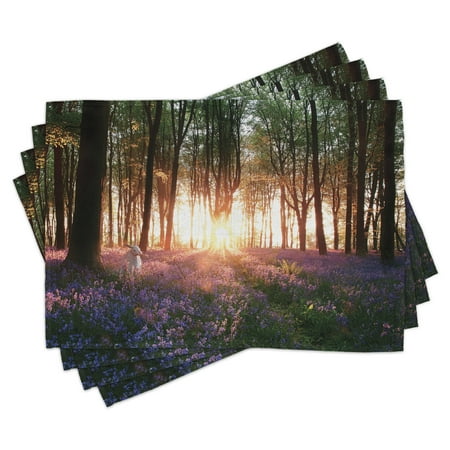 

Forest Placemats Set of 4 Stunning Bluebell Woods Sunrise with White Rabbit Sunny Spring Day in Woodland Washable Fabric Place Mats for Dining Room Kitchen Table Decor Purple Green by Ambesonne
