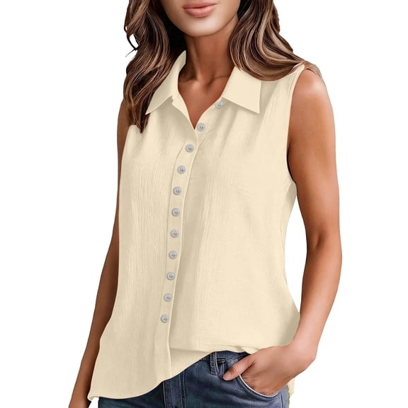 Fewfanhot Women's Sleeveless Collared Button Down Blouses, Summer Casual V-Neck Loose Fit Tank Tops, Lightweight Work Office Shirts, S-2XL