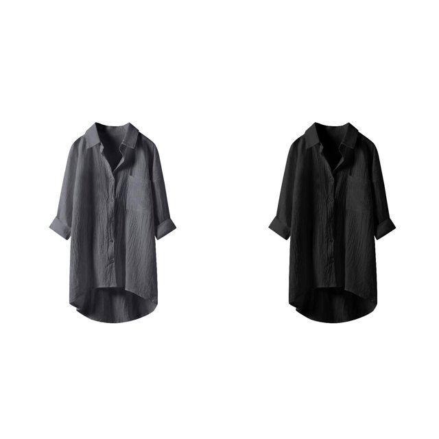 (2-Pack) Rinsvye Linen Pure Color Collar Button Long Sleeve Shirt Women Casual Lady Look Business Attire
