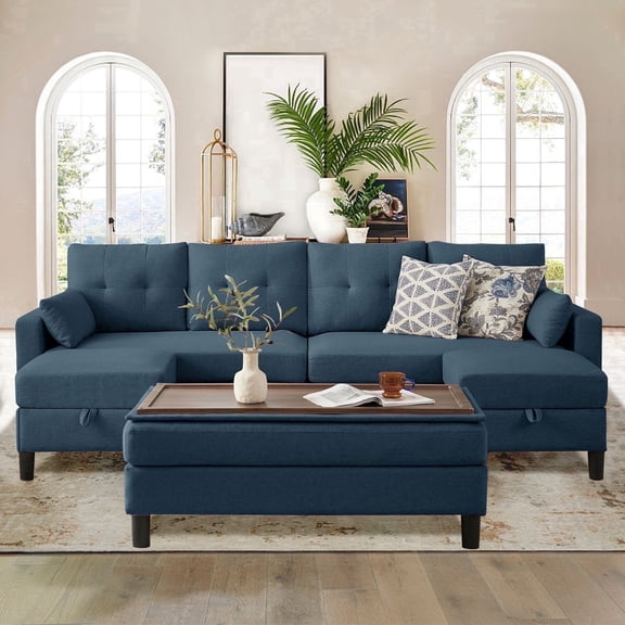 Soscana 101" Sectional Sofa with 3 Storage Ottoman,4 Seat U Shaped Couch with Side Pockets, Modern Linen Sofa Bed with Coffee Table Ottoman for Living Room Apartment Office Studio,Tool Free Assemble