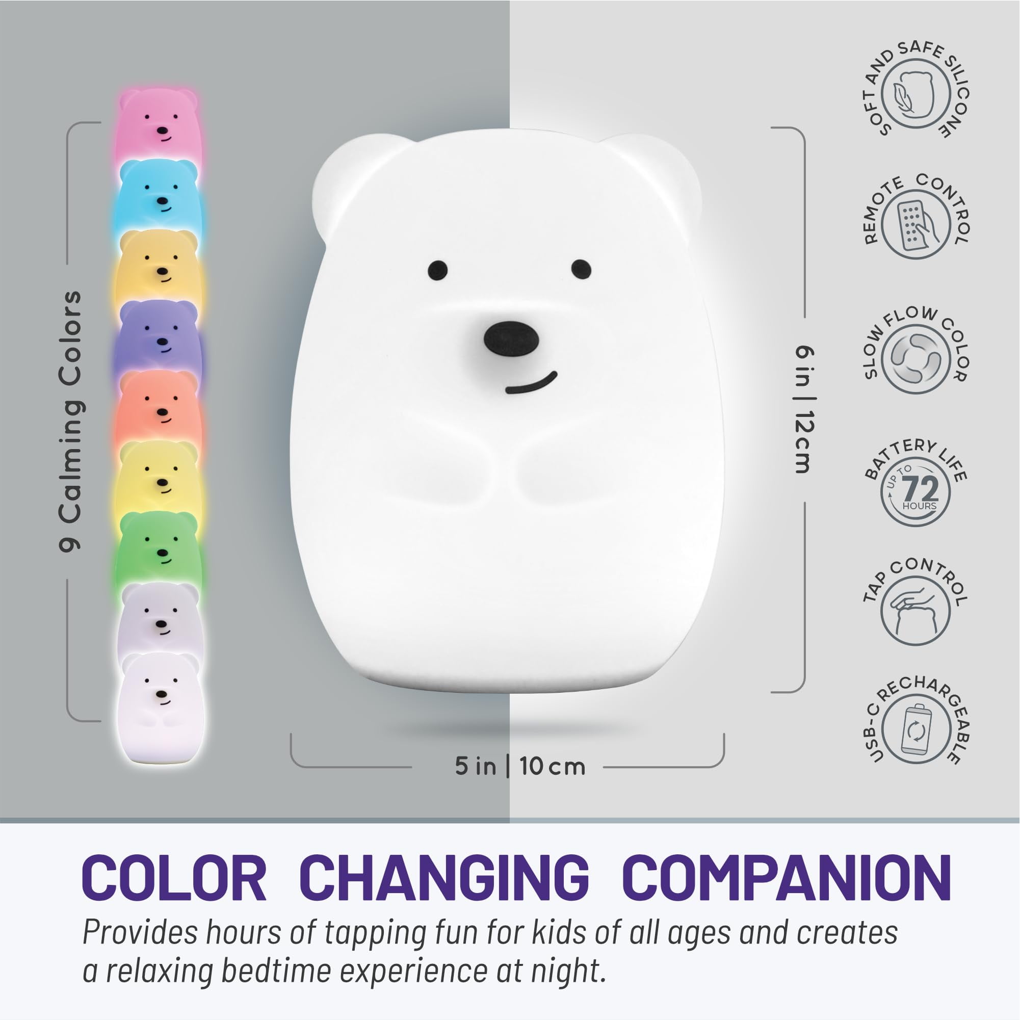 LumiPets Nursery Nightlight: Bear-Shaped Baby Nightlight - Rechargeable with Remote Bed, Sleep, Crib