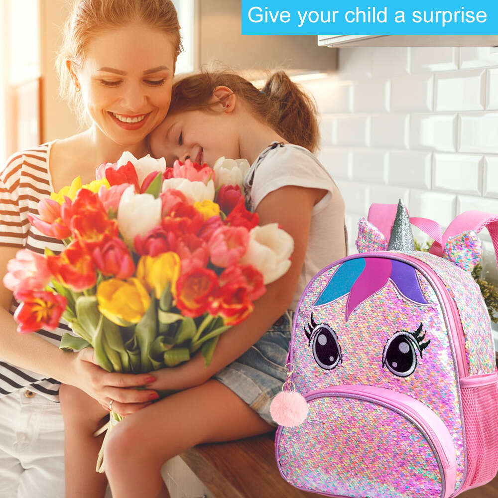 AGSDON 3PCS Unicorn Backpack for Girls, 12" Toddler Sequin Preschool Bookbag and Lunch Box - Pink